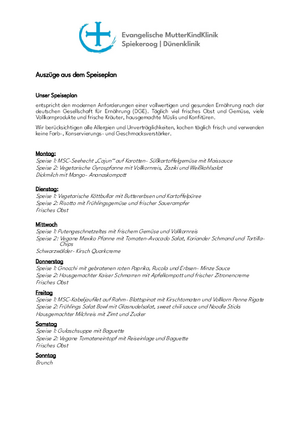 Auszug Speiseplan Dünenklinik
