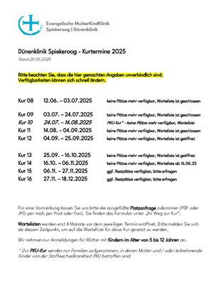 Kurtermine 2025 Dünenklinik